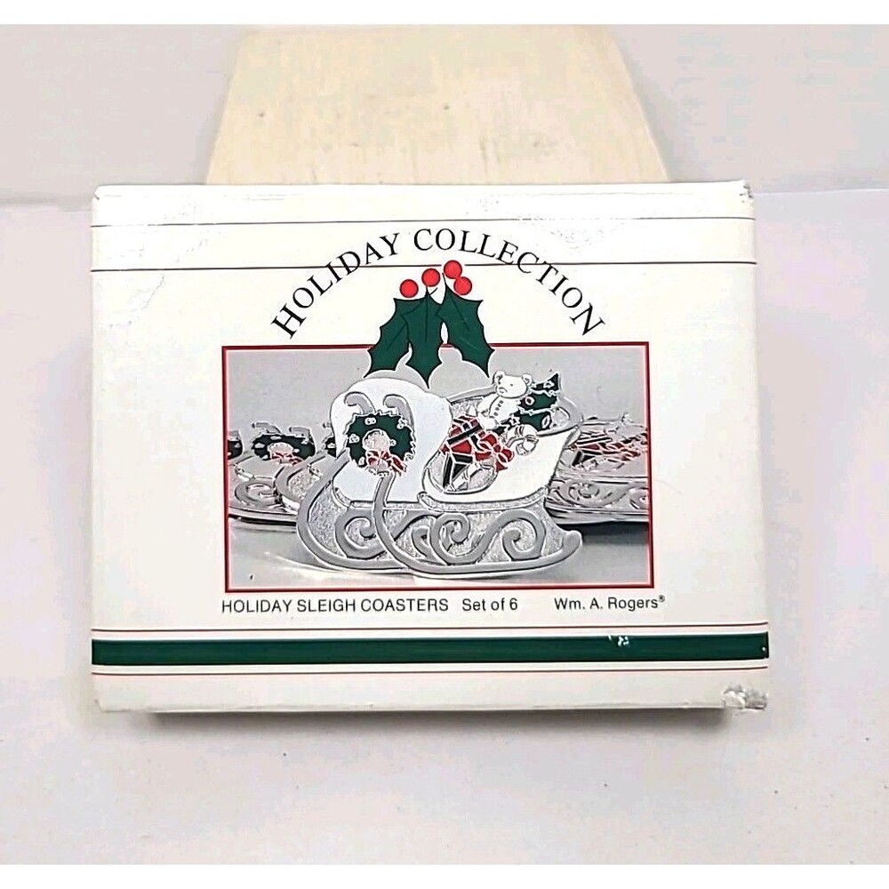 VTG Set of 6 Holiday Sleigh Coasters Oneida Silversmiths Japan WM Rogers 1988